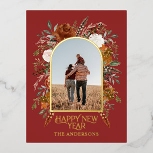 Nieuwjaarsbudget botanisch elegant rood traditione folie feestdagen briefkaart