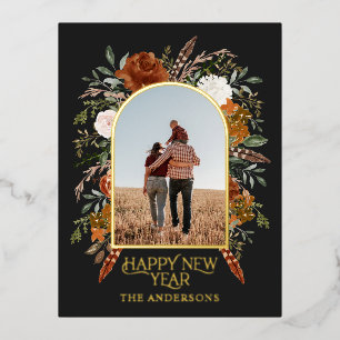 Nieuwjaarsbudget botanisch elegant zwart tradition folie feestdagen briefkaart