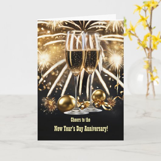 Nieuwjaarsdag bruiloft Jubileum met champagne Kaart (Gele Bloem)