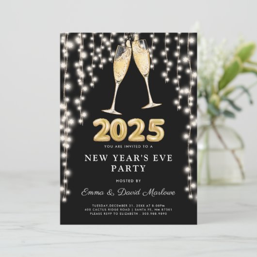 Nieuwjaarsfeest 2025 Champagne String Lights Kaart (Staand voorkant)