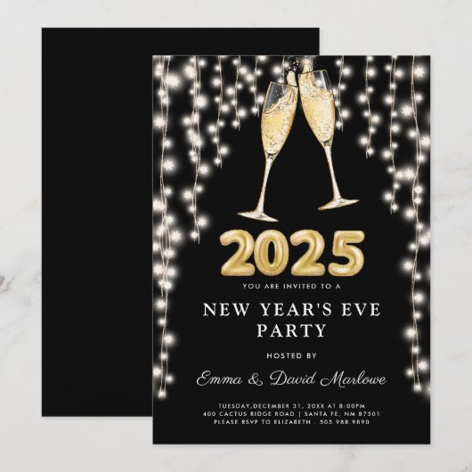 Nieuwjaarsfeest 2025 Champagne String Lights Kaart (Voorkant / Achterkant)