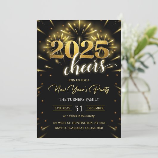 Nieuwjaarsfeest 2025 Gold Black Modern Kaart (Staand voorkant)