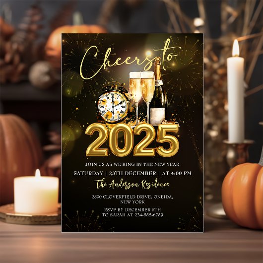 Nieuwjaarsfeest 2025 Gold Champagne Kaart