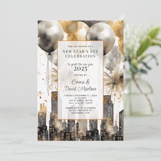 Nieuwjaarsfeest 2025 Gold Glitter Balloons City Kaart (Staand voorkant)