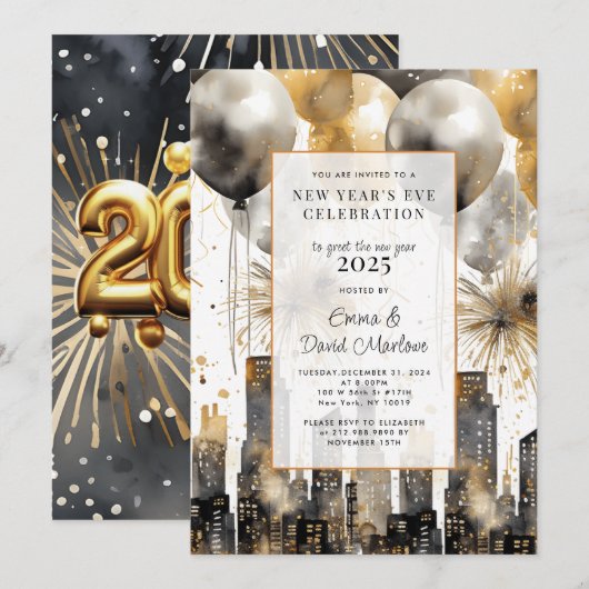 Nieuwjaarsfeest 2025 Gold Glitter Balloons City Kaart (Voorkant / Achterkant)