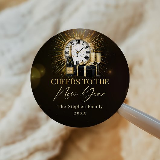 Nieuwjaarsfeest 2025 gouden champagne ronde sticker