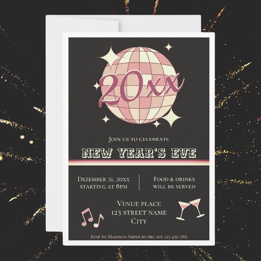 Nieuwjaarsfeest 2025 uitnodiging zwarte discobal