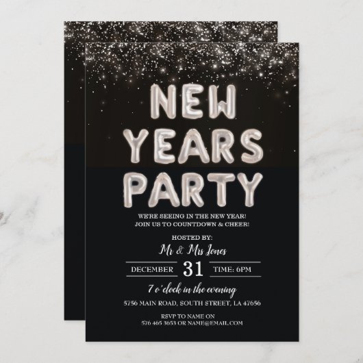 Nieuwjaarsfeest Black and Silver Uitnodiging (Voorkant / Achterkant)