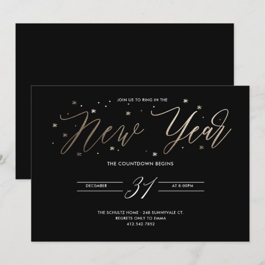 Nieuwjaarsfeest Gold Foil Party Invitation Black Kaart (Voorkant / Achterkant)