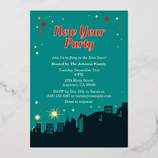 Nieuwjaarsfeest Mid-Century Modern Style Folie Uitnodiging (Voorkant)