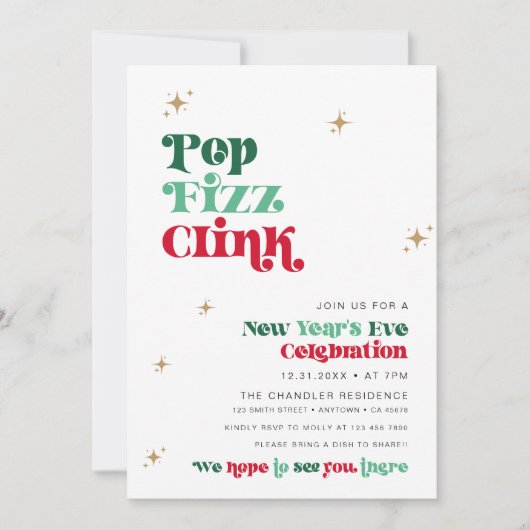 Nieuwjaarsfeest Uitnodiging Retro Boho Fun (Voorkant)