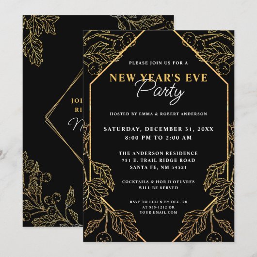 Nieuwjaarsfeest van het moderne goud- en zwarte fe kaart (Voorkant / Achterkant)