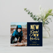 Nieuwjaarsfoto met nieuwe avonturen folie feestdagen briefkaart (Staand Voorkant)