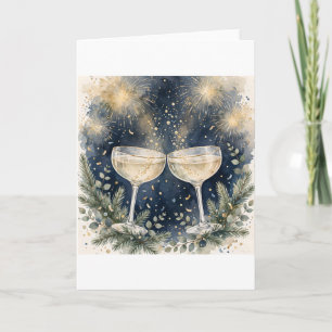 Nieuwjaarsgeschenk Champagnetoost Waterverf Vuurwe Kaart