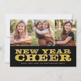 Nieuwjaarsgroet drie foto zwart gouden kerstkaart