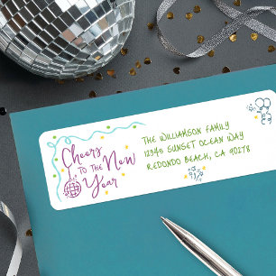 Nieuwjaarsgroet Teal Paars Groen Doodles Adres Etiket