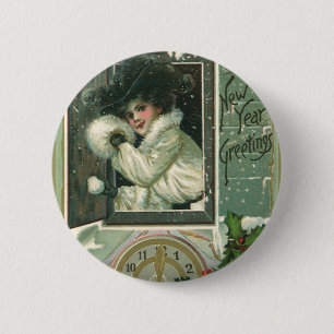 nieuwjaarsgroeten, Victoriaans venstermeisje Ronde Button 5,7 Cm