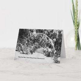 Nieuwjaarskaart, portaal voor een besneeuwd avontu feestdagen kaart