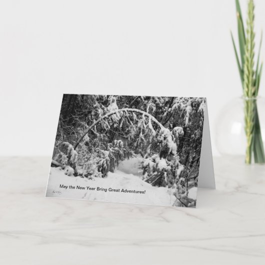 Nieuwjaarskaart, portaal voor een besneeuwd avontu feestdagen kaart (Voorkant)