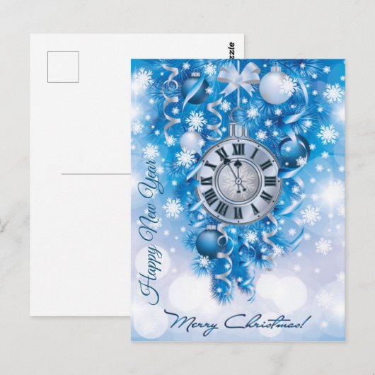 Nieuwjaarsklok blauw in wit vrolijk kerstfeest briefkaart (Voorkant / Achterkant)