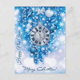 Nieuwjaarsklok blauw in wit vrolijk kerstfeest briefkaart