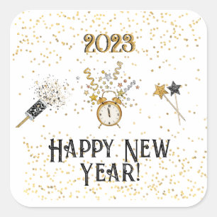 Nieuwjaarsklok, sterren, glitter, sterrenknoppen vierkante sticker