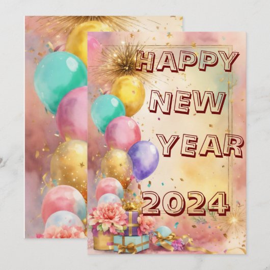 Nieuwjaarsmagie met ballonnen en knalbonbons kaart (Voorkant / Achterkant)