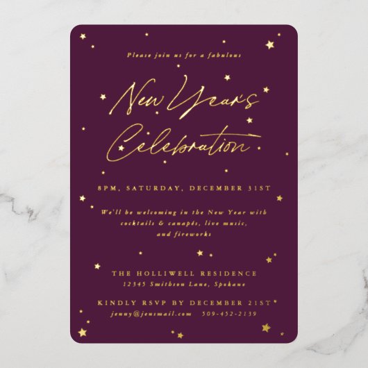 Nieuwjaarspartij Elegant Bordeaux Folie Uitnodiging (Voorkant)
