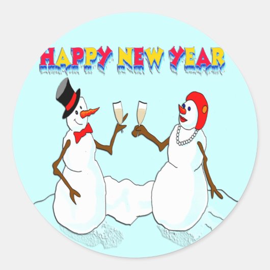 Nieuwjaarssneeuwpoppen Ronde Sticker (Voorkant)