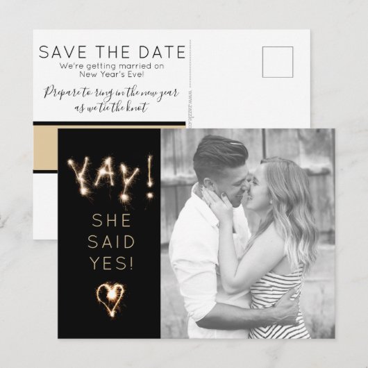 Nieuwjaarssprankelaar | Save the date | Ze zei ja Briefkaart (Voorkant / Achterkant)