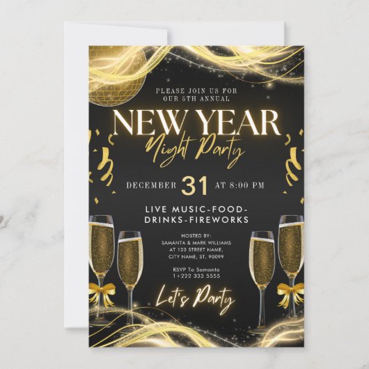 Nieuwjaarsthema Gold & Black Party Uitnodiging (Voorkant)