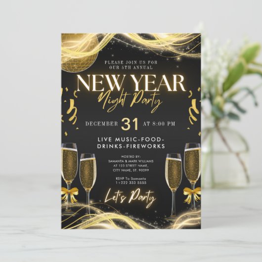 Nieuwjaarsthema Gold & Black Party Uitnodiging (Staand voorkant)