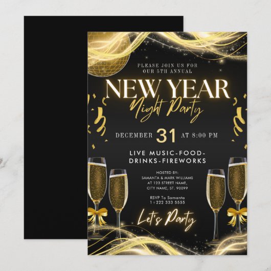 Nieuwjaarsthema Gold & Black Party Uitnodiging (Voorkant / Achterkant)