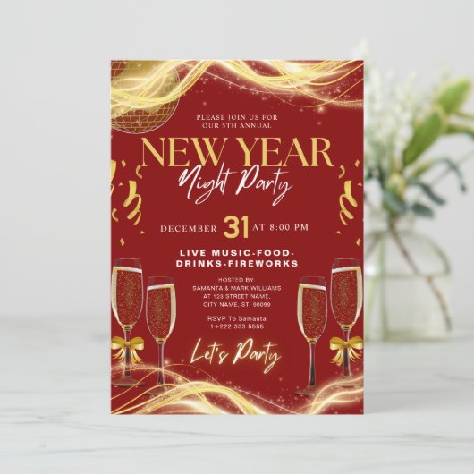 Nieuwjaarsthema Gold & Red Party Uitnodiging (Staand voorkant)