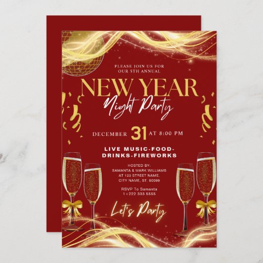Nieuwjaarsthema Gold & Red Party Uitnodiging (Voorkant / Achterkant)