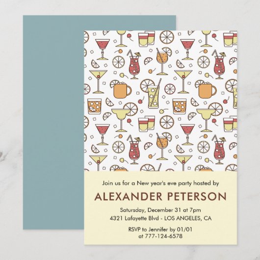 Nieuwjaarsuitnodiging Cocktail Pattern Kaart (Voorkant / Achterkant)