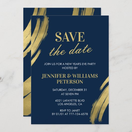 Nieuwjaarsuitnodiging Save the date Navy Gold Kaart (Voorkant / Achterkant)
