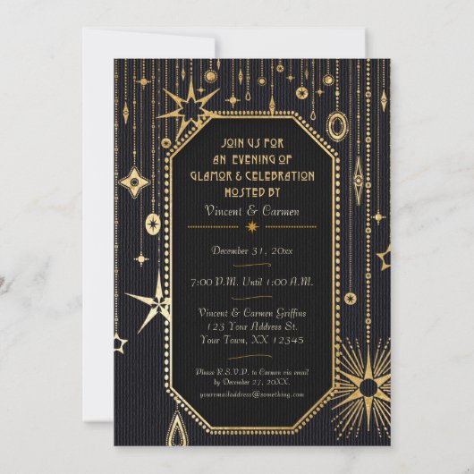 Nieuwjaarswensen Black and Gold Party Uitnodiging (Achterkant)