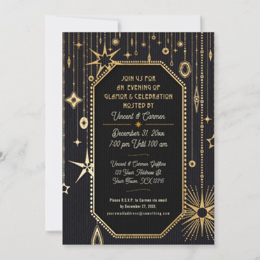 Nieuwjaarswensen Black and Gold Party Uitnodiging (Achterkant)