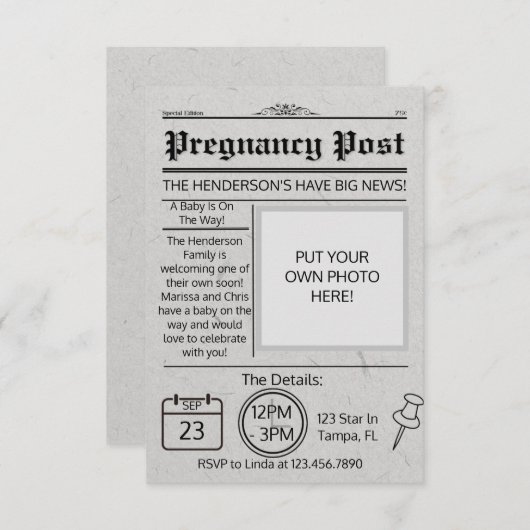 Nieuwsblad Baby shower Aankondiging Uitnodigen (Voorkant / Achterkant)