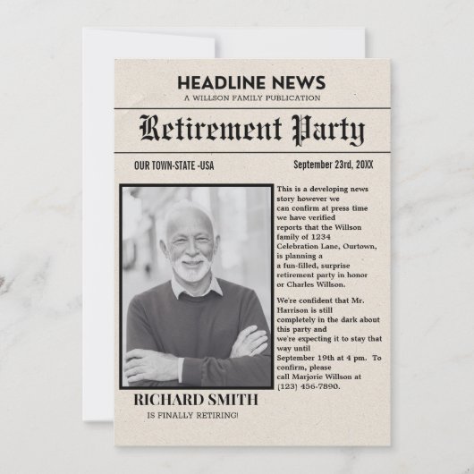 Nieuwsblad Pensioen Party Uitnodiging (Voorkant)