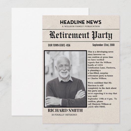 Nieuwsblad Pensioen Party Uitnodiging (Voorkant / Achterkant)