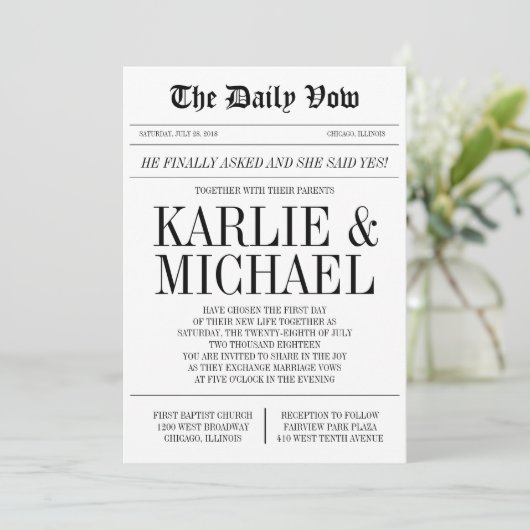 Nieuwsblad stijl bruiloft uitnodiging (Staand voorkant)