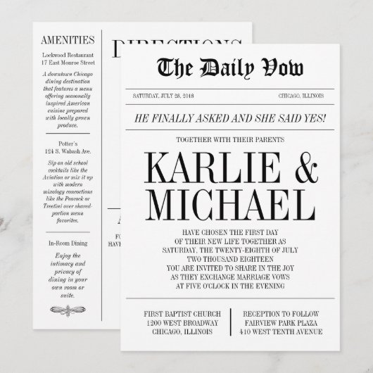 Nieuwsblad stijl bruiloft uitnodiging (Voorkant / Achterkant)