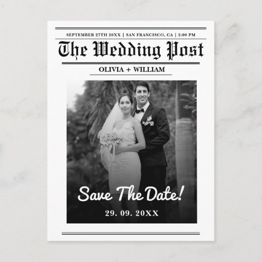 Nieuwsblad Trouwen Modern Elegant Bewaar de datum Briefkaart (Voorkant)