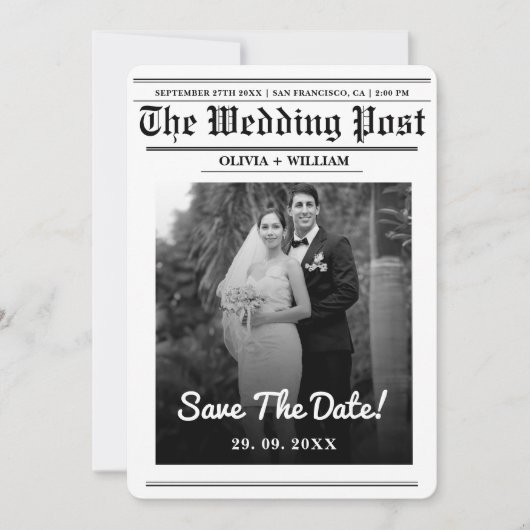 Nieuwsblad Trouwen Modern Elegant Bewaar de datum Kaart (Voorkant)