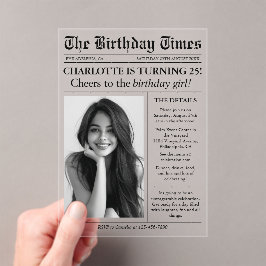 Nieuwsblad Unieke foto 25e verjaardag Acryl Uitnodigingen