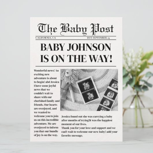 Nieuwsblad zwangerschap Baby shower Aankondiging (Staand voorkant)