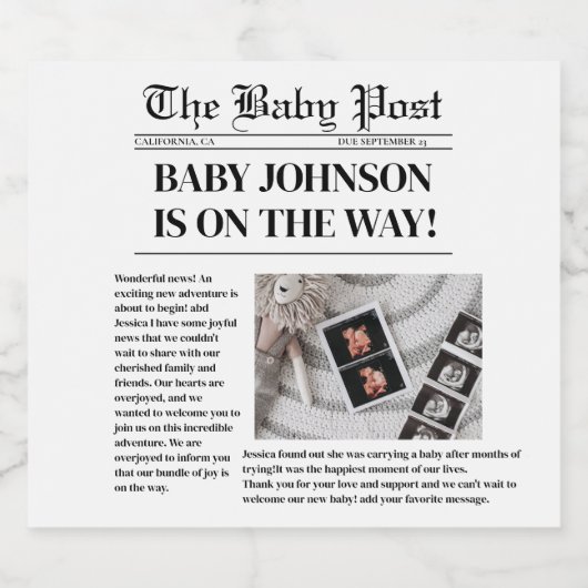 Nieuwsblad zwangerschap Baby shower Aankondiging Sparkling Wijnetiket (Enkel label)