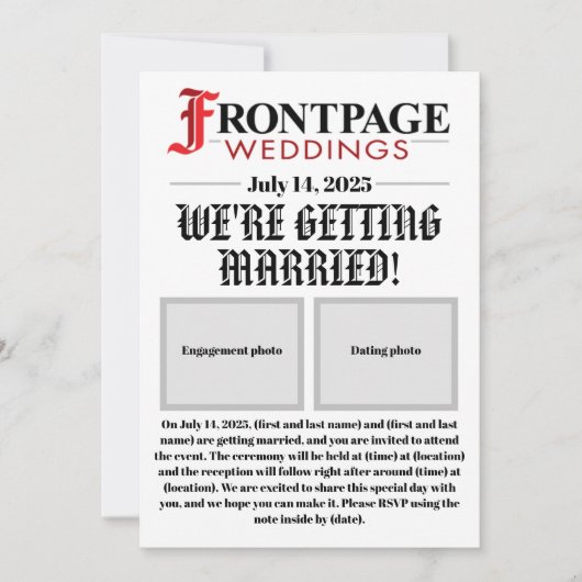 Nieuwsbrief-stijl bruiloft uitnodiging (Voorkant)